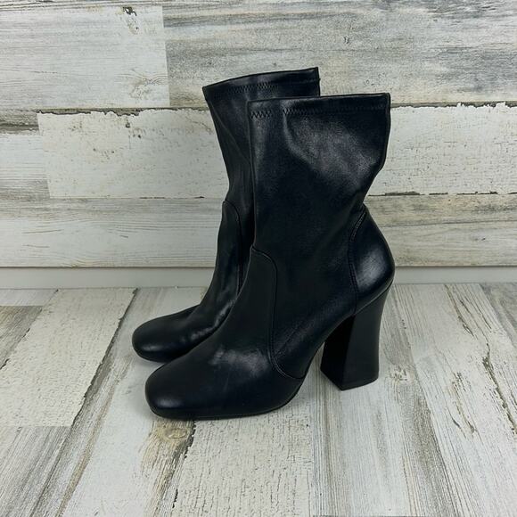 Stuart Weitzman curveblock 100 square womens 9 black leather bootie slip on heel - Picture 1 of 13